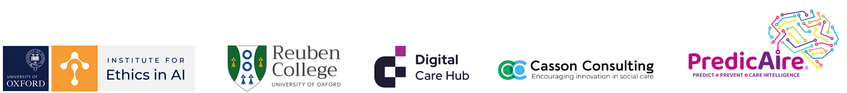 Logos of Institute of AI, Reuben College, Digital Care Hub, Casson Consulting & PredicAire.